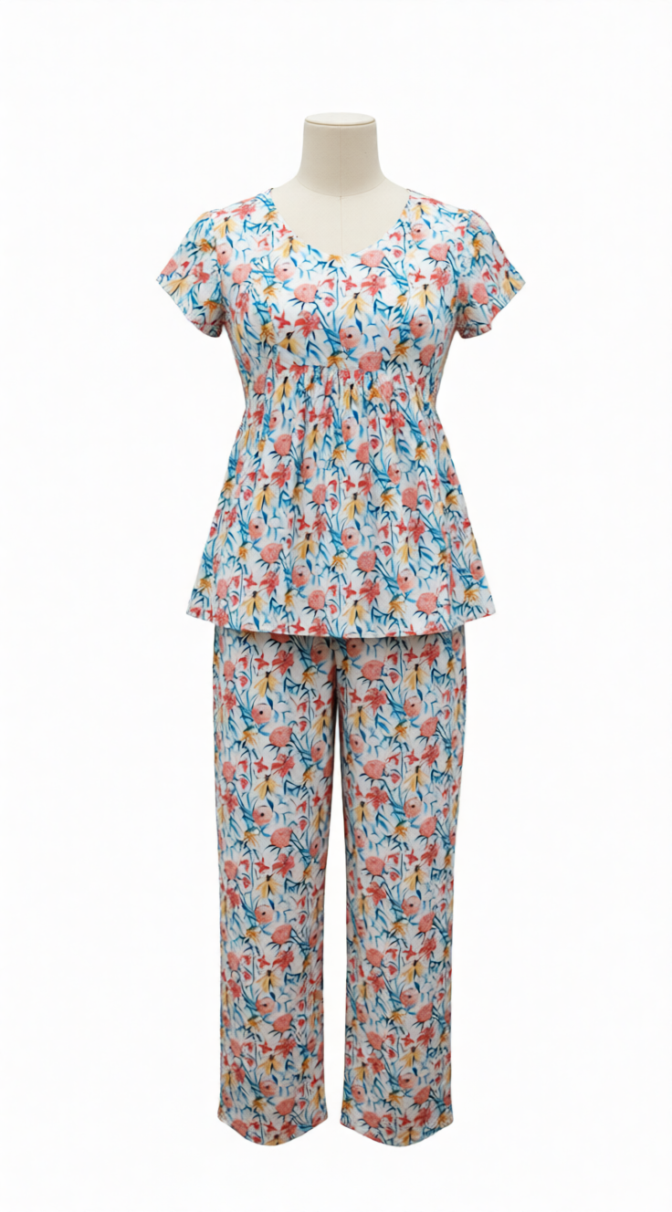 Conjunto mujer algodón blanco estampado floral de B&J, vista frontal.