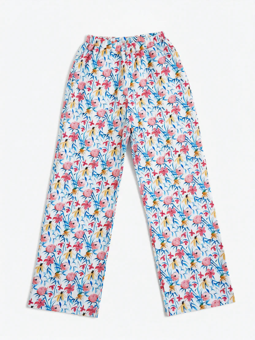 Conjunto mujer algodón blanco estampado floral de B&J, vista frontal pantalón.