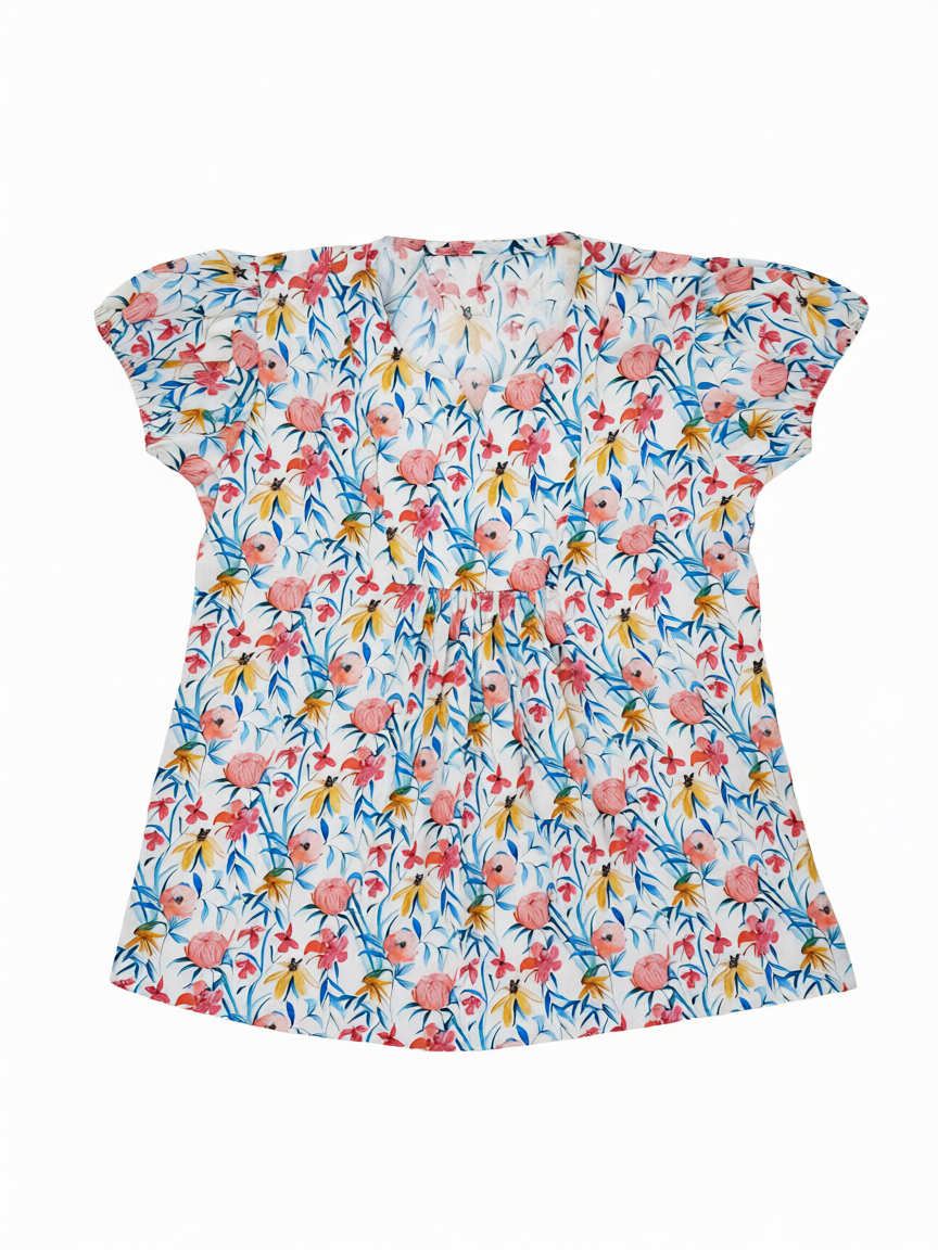Conjunto mujer algodón blanco estampado floral de B&J, vista frontal de camisa.