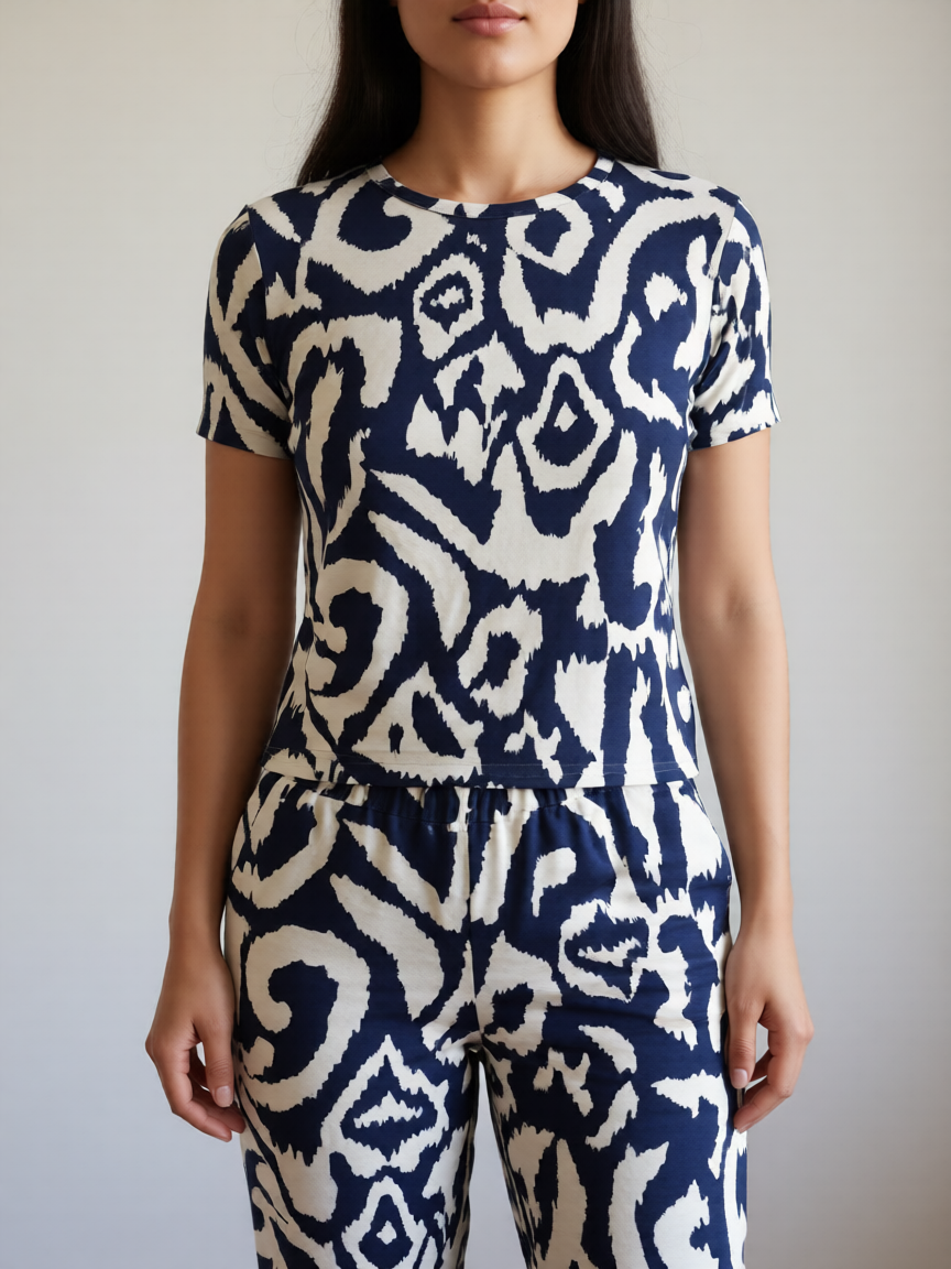 Conjunto mujer rayón azul estampado rayas de B&J, vista frontal con modelo.