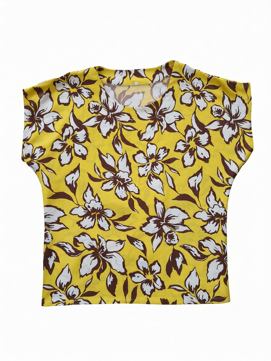 Conjunto mujer lino amarillo estampado floral de B&J, vista frontal  de camisa.