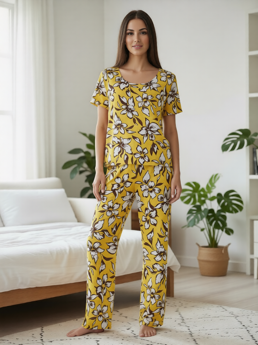 Pantalón largo lino amarillo estampado floral de B&J, vista frontal con modelo.