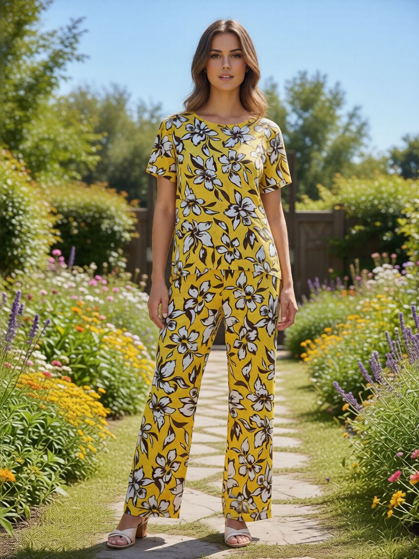 Conjunto mujer lino amarillo estampado floral de B&J, vista frontal con modelo.