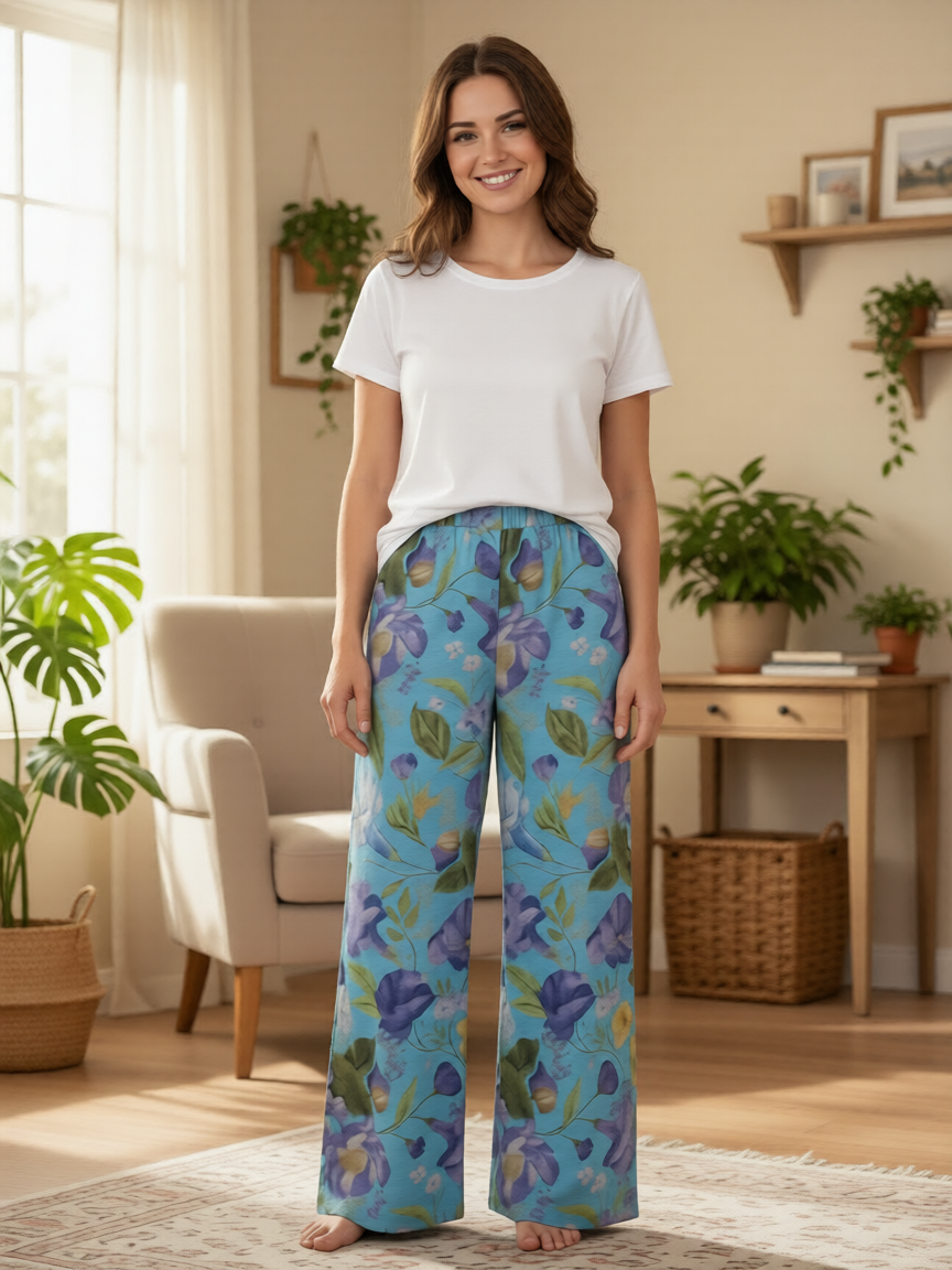 Pantalón largo lino azul claro estampado floral de B&J, vista frontal con modelo.