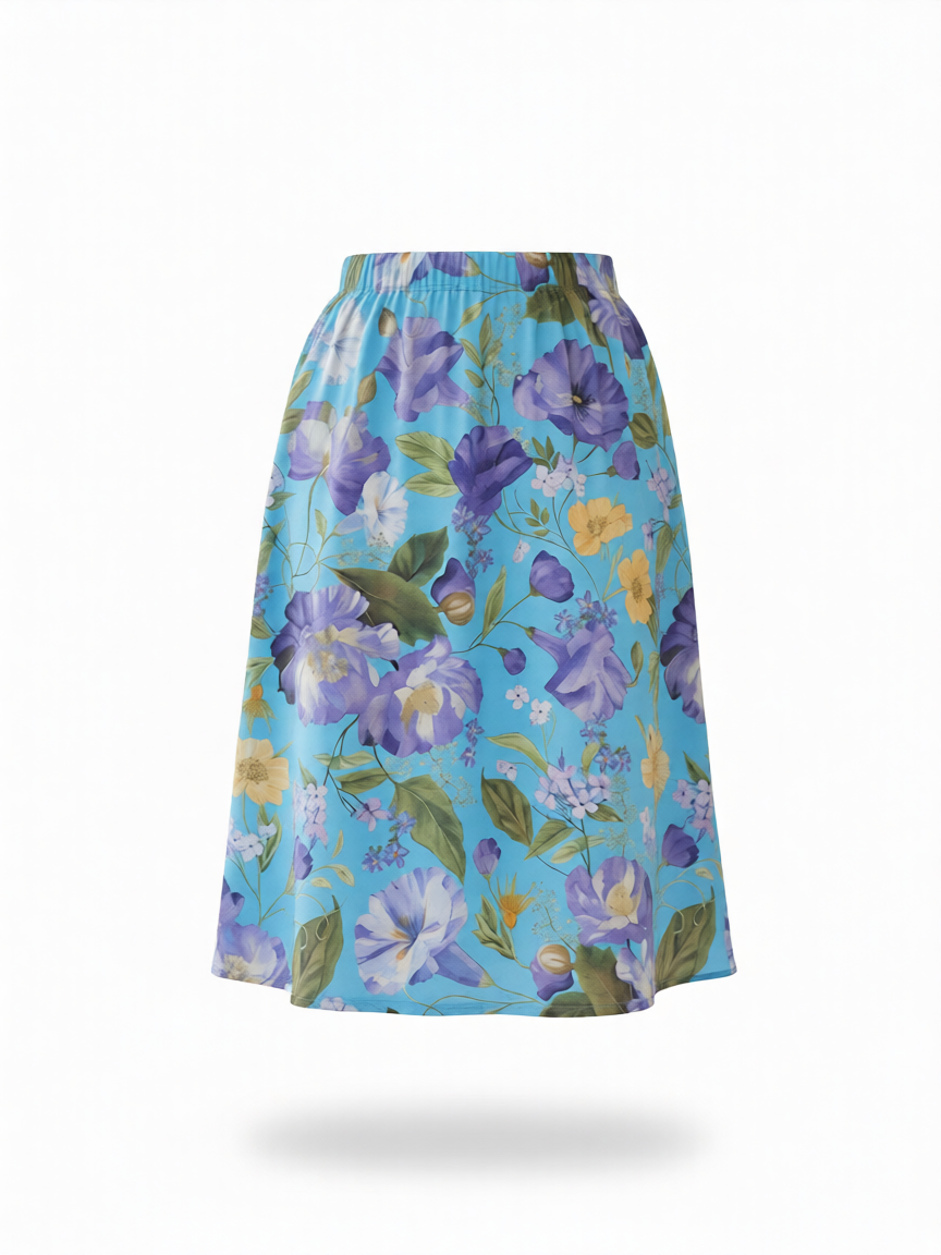 Falda midi lino azul claro estampado floral de B&J, vista frontal.