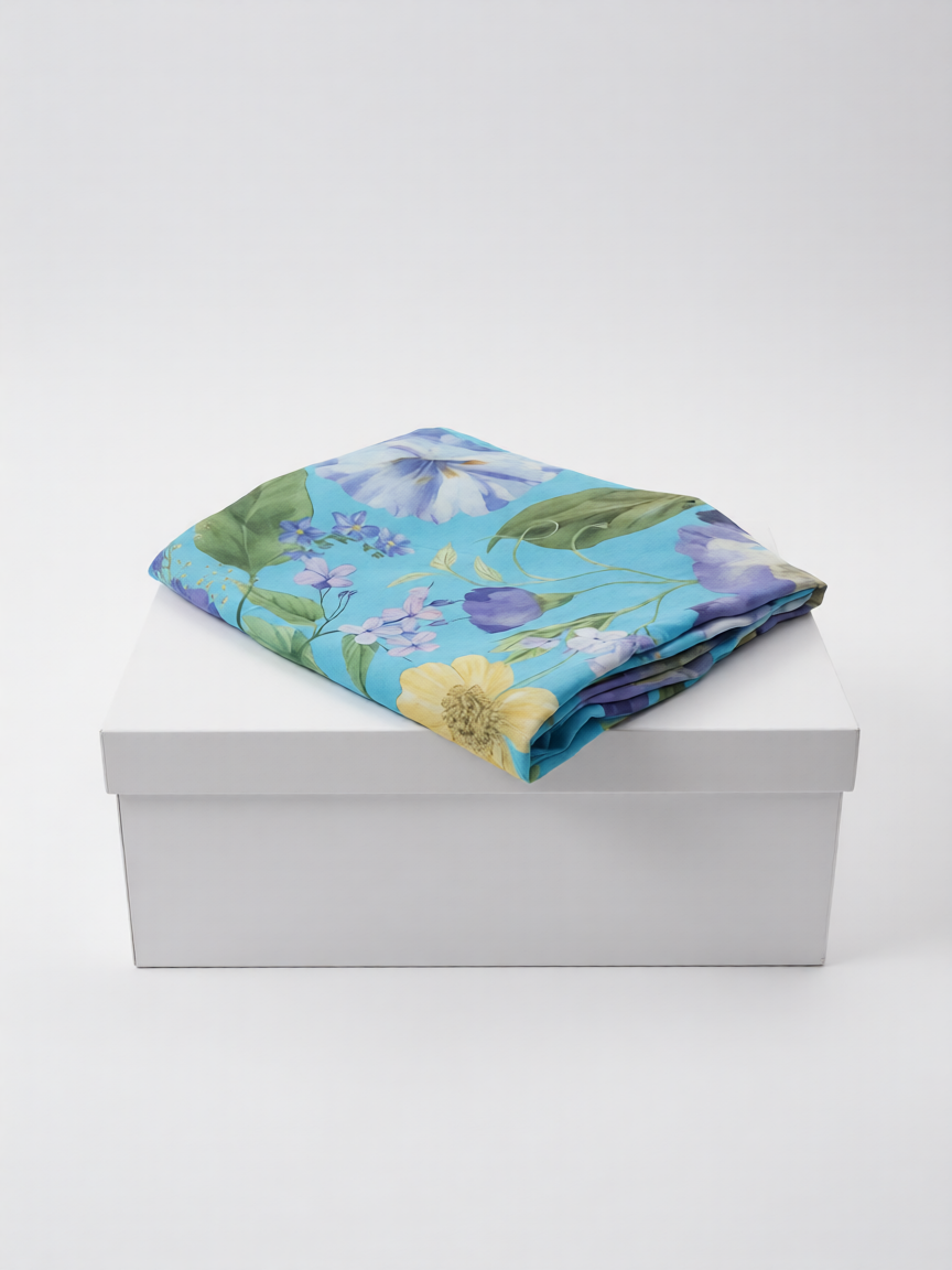 Pantalón largo lino azul claro estampado floral de B&J, posicionado sobre caja.