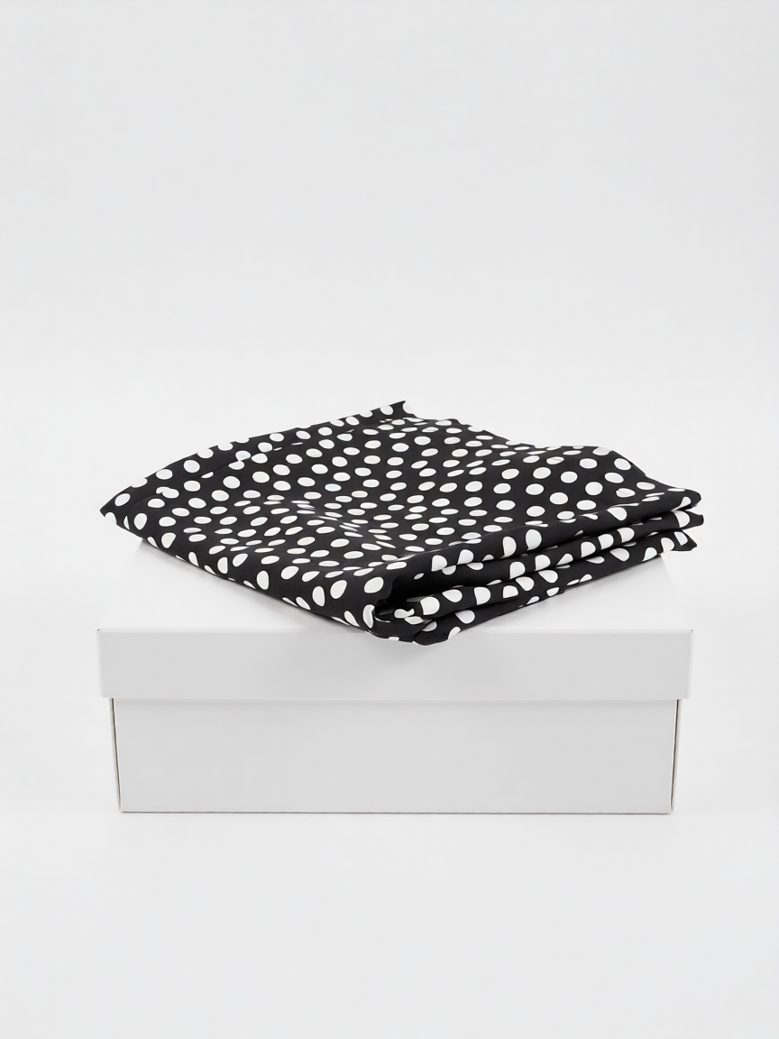 Pantalón largo lino negro estampado lunares de B&J, posicionado sobre caja.
