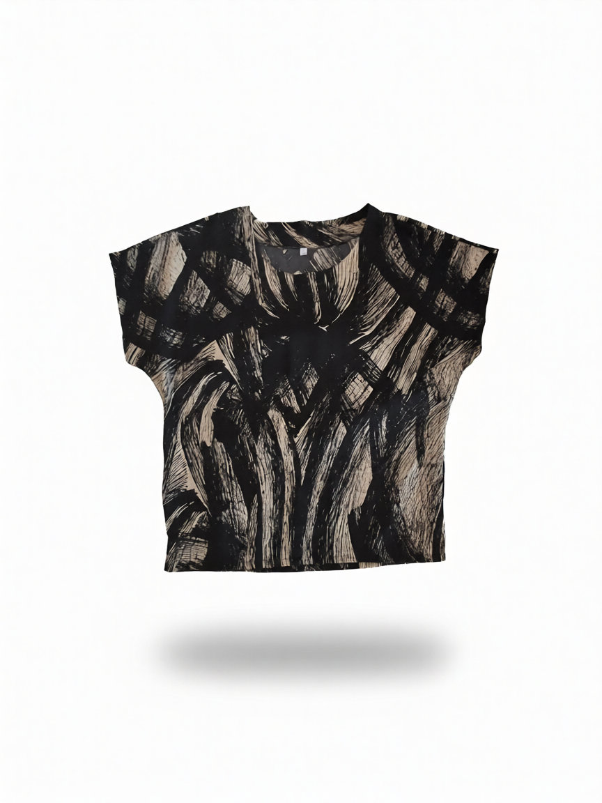 Conjunto mujer seda negro estampado rayas de B&J, vista frontal de camisa.
