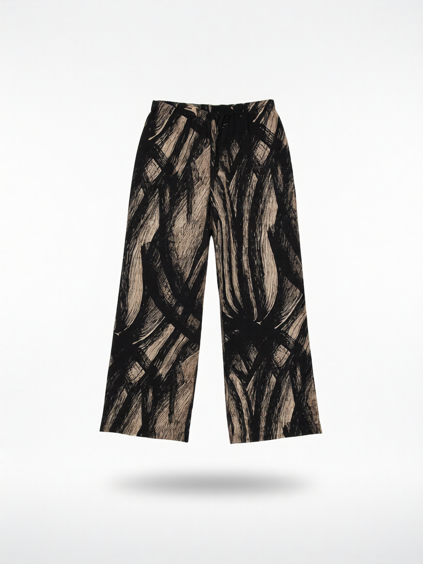 Conjunto mujer seda negro estampado rayas de B&J, vista frontal de pantalón.