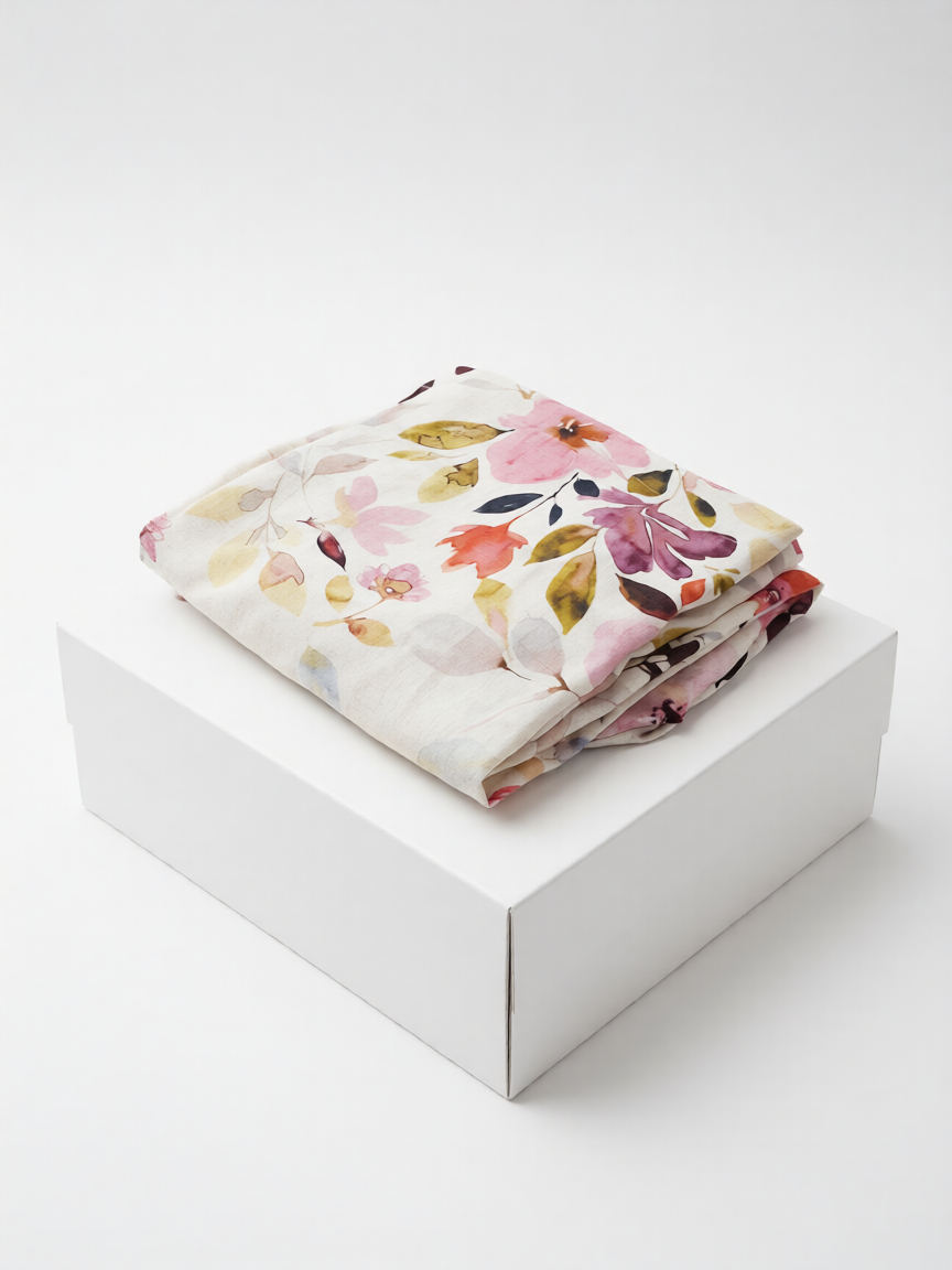 Conjunto mujer lino blanco estampado hojas de B&J, posicionado sobre caja.