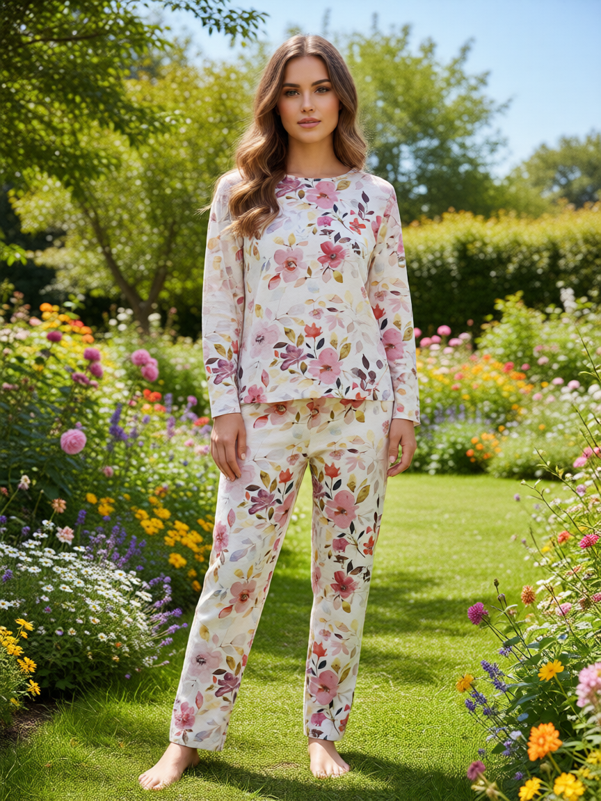 Conjunto mujer lino blanco estampado floral de B&J, vista frontal con modelo.