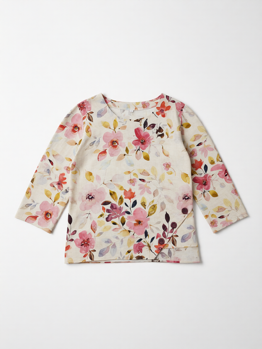 Conjunto mujer lino blanco estampado hojas de B&J, vista frontal  de camisa.