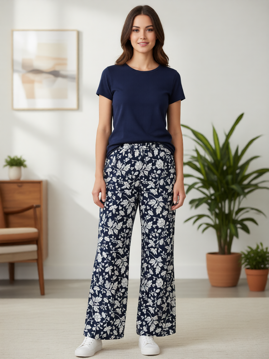 Pantalón Estampado Floral Azul Marino