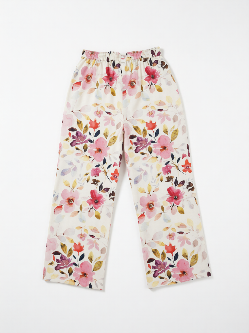 Conjunto mujer lino blanco estampado hojas de B&J, vista frontal  de pantalón.