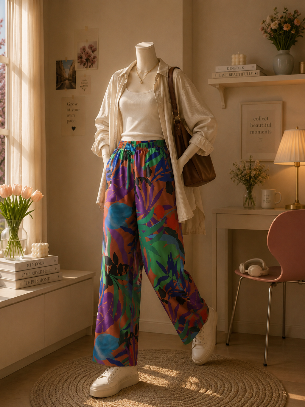 Ropa de la marca B&J sobre un maniquí en una habitación decorada.