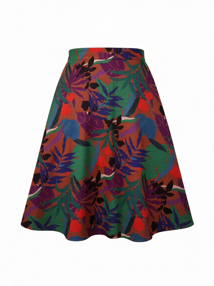 Falda midi lino multicolor estampado floral de B&J, vista frontal.