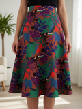 Falda midi lino multicolor estampado floral de B&J, vista frontal con modelo.