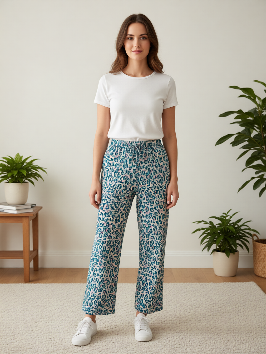 Pantalón largo algodón azul estampado floral de B&J, vista frontal con modelo.